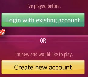 Zynga public web entry with Login with existing account and Create new account as separate choices
